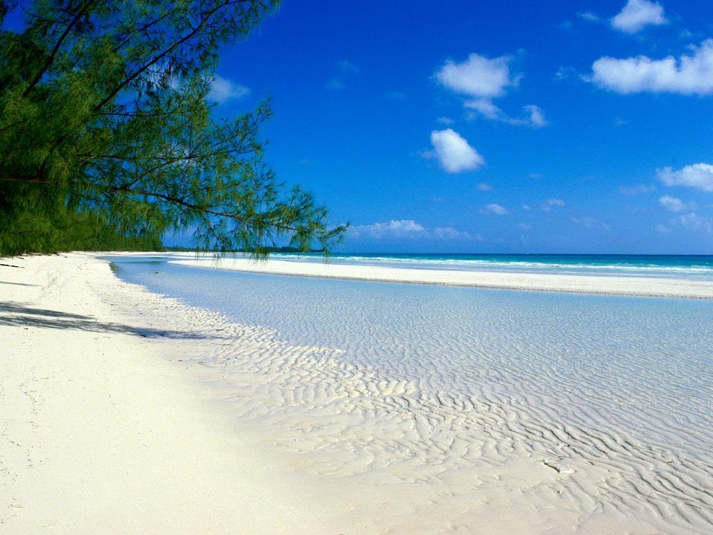 Weißer Sandstrand mit blauem Wasser und grünen Bäumen