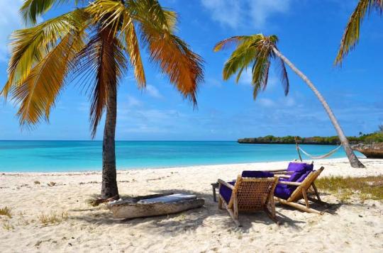 Zwei Strandliegen im Sand unter Palmen mit blauem Meer im Hintergrund